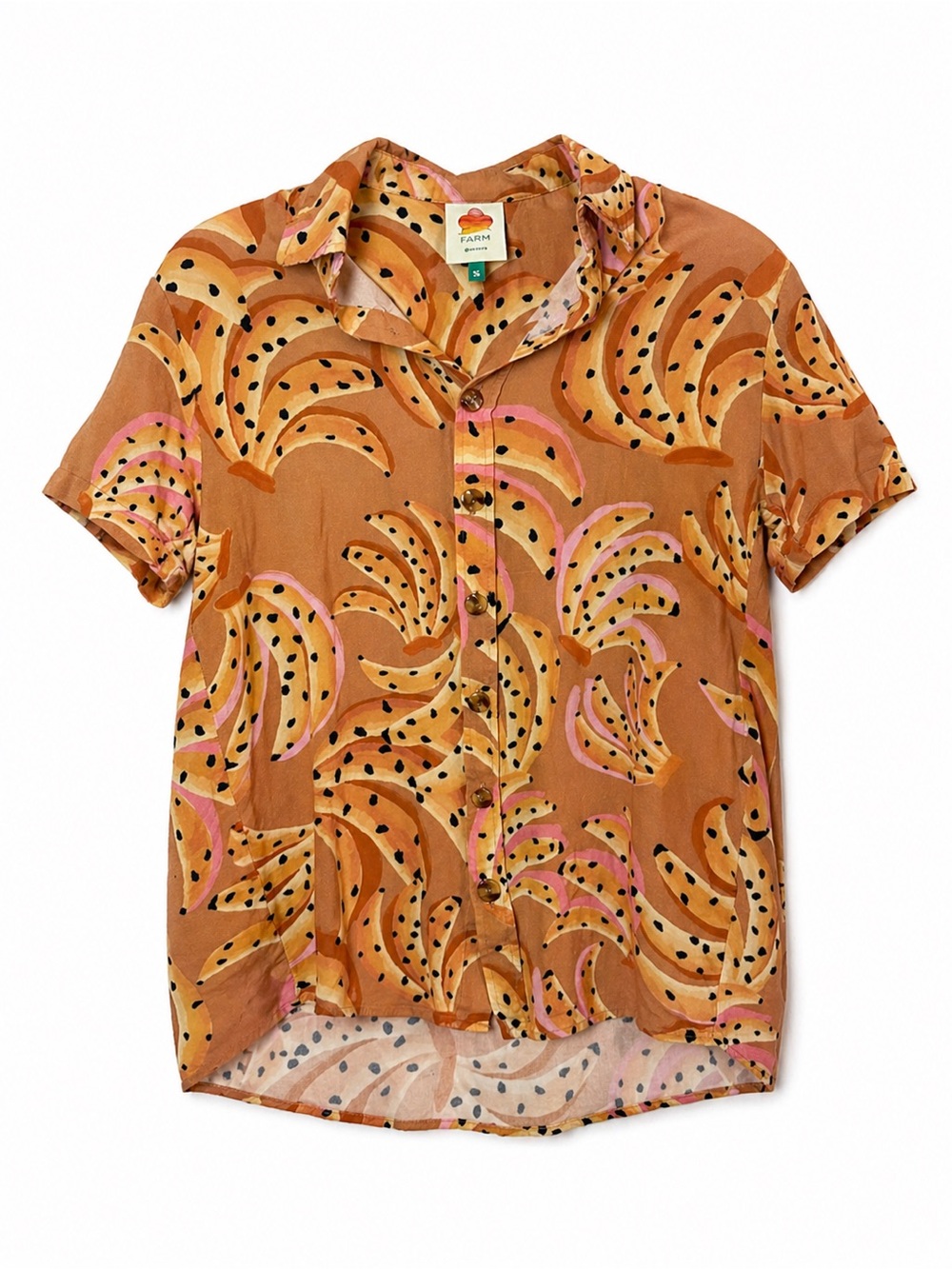 Farm Rio Women's Tan Banana-Print Button-Front Top | $110 MSRP
